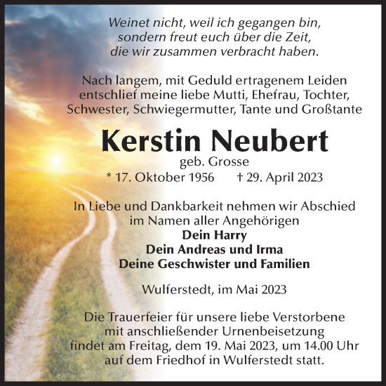 Traueranzeige von Kerstin Neubert von Volksstimme Oschersleben/Wanzleben