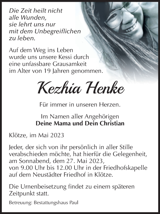 Traueranzeige von Kezhia Henke von Volksstimme Altmark West