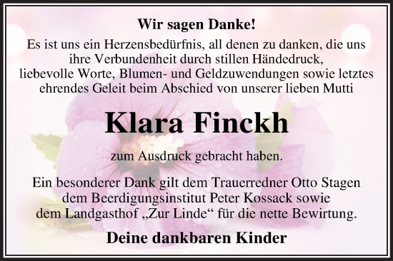Traueranzeige von Klara Finckh von Trauerkombi Dessau