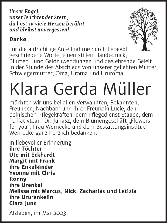 Traueranzeige von Klara Gerda Müller von Trauerkombi Bernburg