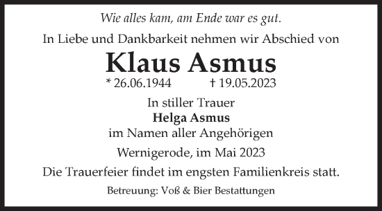 Traueranzeige von Klaus Asmus von Volksstimme Wernigerode