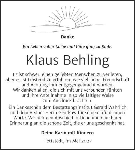 Traueranzeige von Klaus Behling von Trauerkombi Mansfelder Land