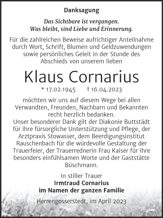 Traueranzeige von Klaus Cornarius von Wochenspiegel Naumburg/Nebra