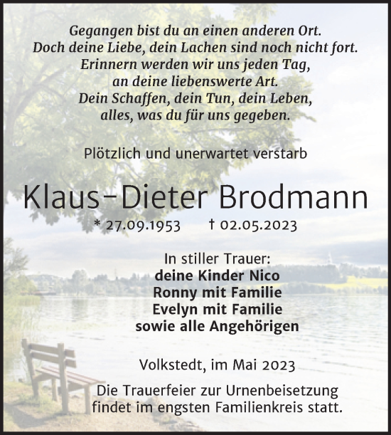 Traueranzeige von Klaus-Dieter Brodmann von Trauerkombi Mansfelder Land