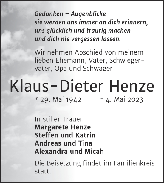 Traueranzeige von Klaus-Dieter Henze von Mitteldeutsche Zeitung Halle/Saalkreis