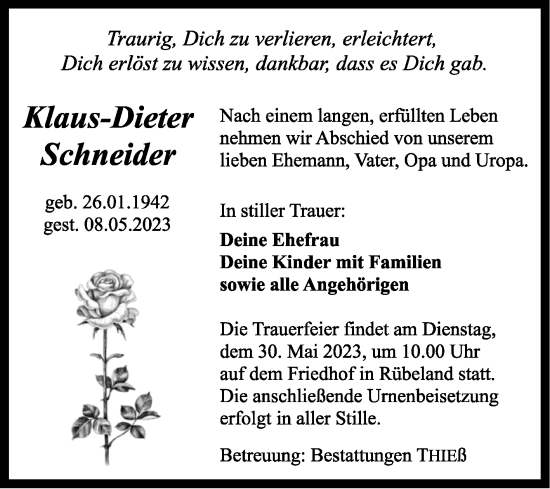 Traueranzeige von Klaus-Dieter Schneider von Volksstimme Wernigerode