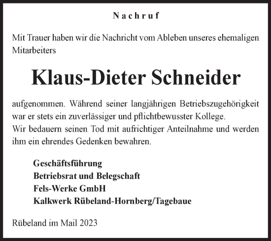 Traueranzeige von Klaus-Dieter Schneider von Volksstimme Wernigerode
