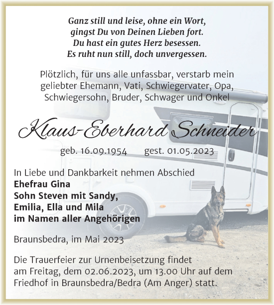 Traueranzeige von Klaus-Eberhard Schneider von Trauerkombi Merseburg