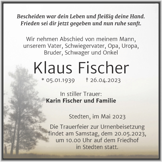 Traueranzeige von Klaus Fischer von Trauerkombi Mansfelder Land