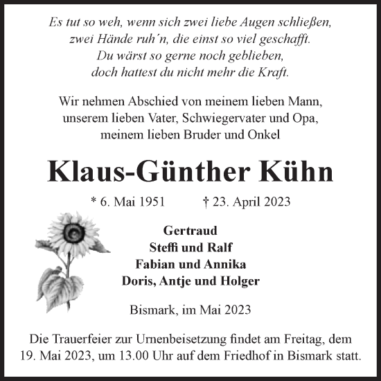 Traueranzeige von Klaus-Günther Kühn von Volksstimme Altmark Ost