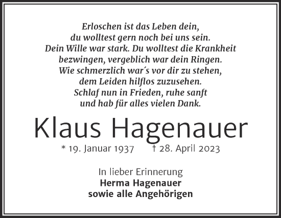 Traueranzeige von Klaus Hagenauer von Trauerkombi Zeitz