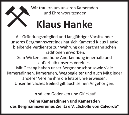Traueranzeige von Klaus Hanke von Volksstimme Haldensleben/Wolmirstedt