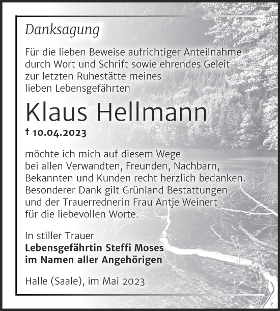 Traueranzeige von Klaus Hellmann von Mitteldeutsche Zeitung Halle/Saalkreis