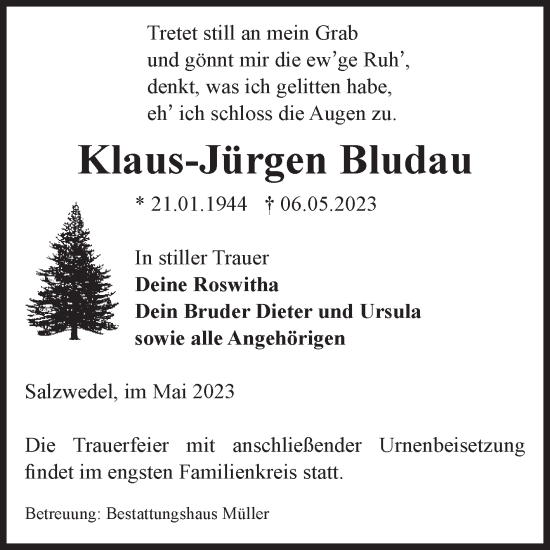 Traueranzeige von Klaus-Jürgen Bludau von Volksstimme Altmark West