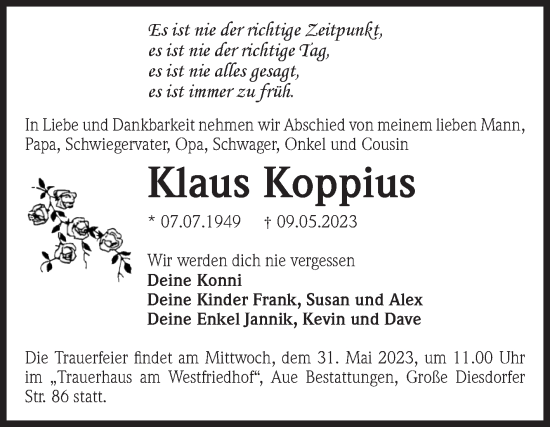 Traueranzeige von Klaus Koppius von Volksstimme Magdeburg