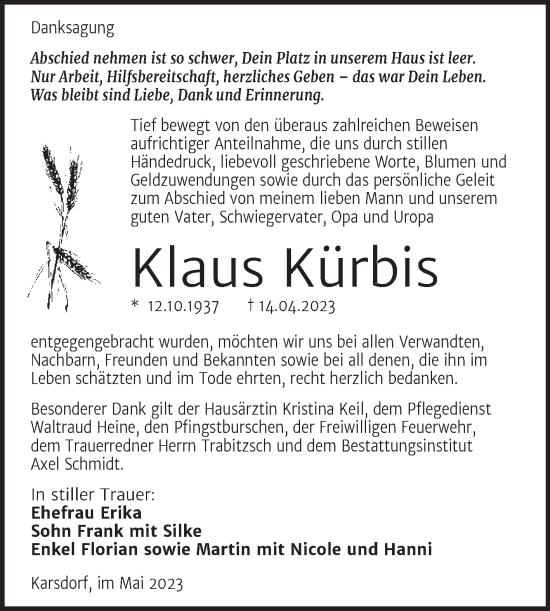Traueranzeige von Klaus Kürbis von Wochenspiegel Naumburg/Nebra
