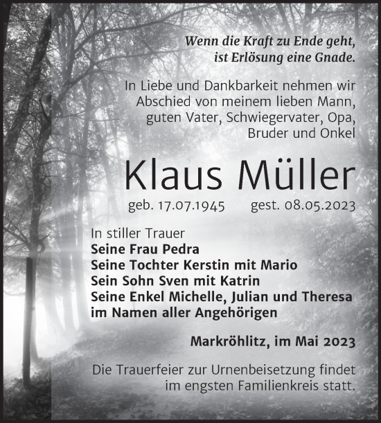 Traueranzeige von Klaus Müller von Trauerkombi Weißenfels