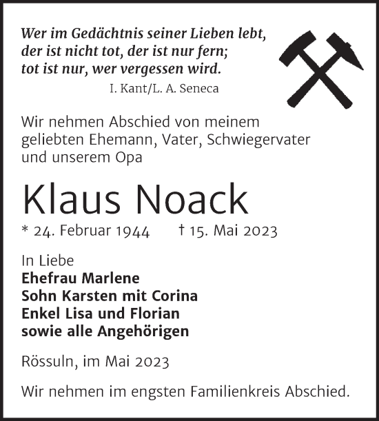 Traueranzeige von Klaus Noack von Trauerkombi Weißenfels