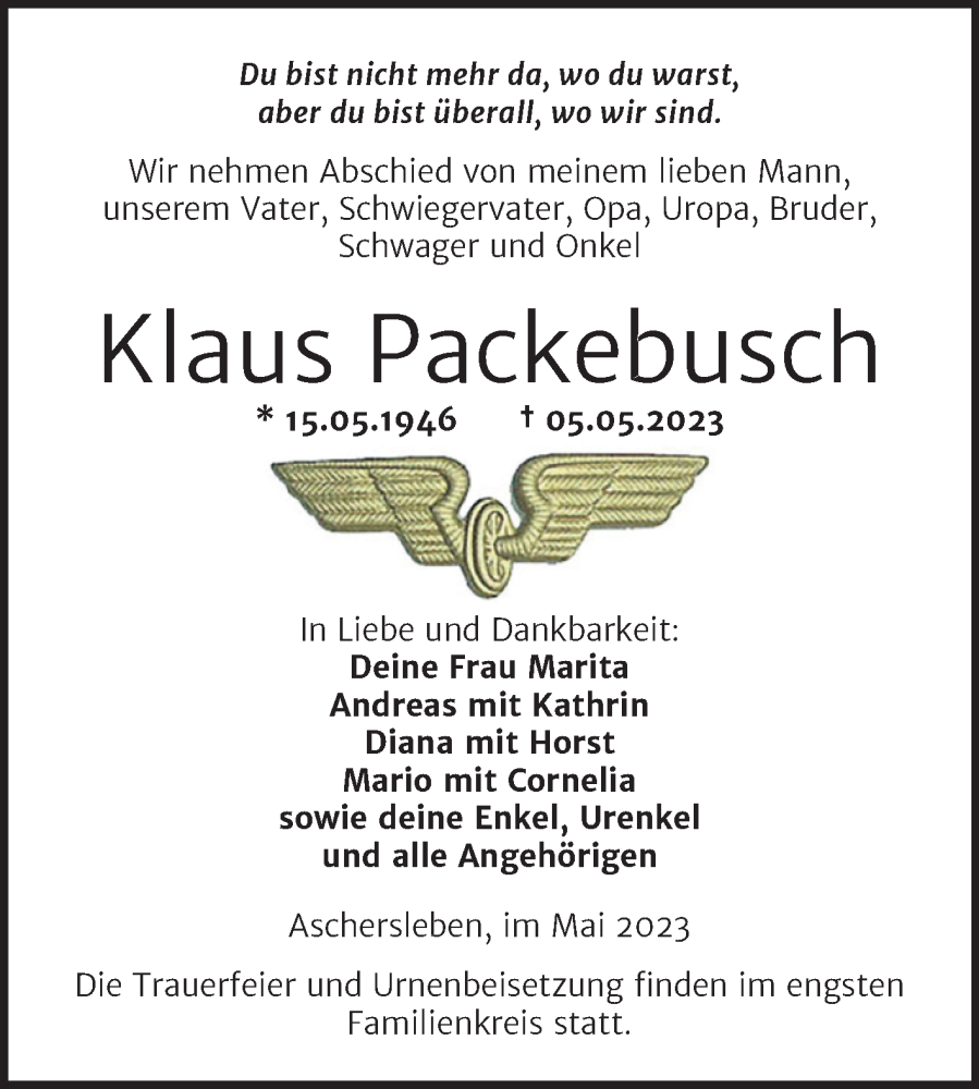  Traueranzeige für Klaus Packebusch vom 12.05.2023 aus Trauerkombi Aschersleben