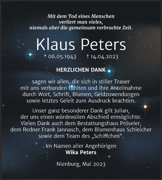 Traueranzeige von Klaus Peters von Trauerkombi Dessau