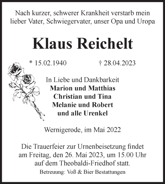 Traueranzeige von Klaus Reichelt von Volksstimme Wernigerode