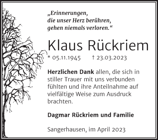 Traueranzeige von Klaus Rückriem von Trauerkombi Sangerhausen