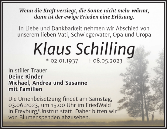 Traueranzeige von Klaus Schilling von Trauerkombi Merseburg