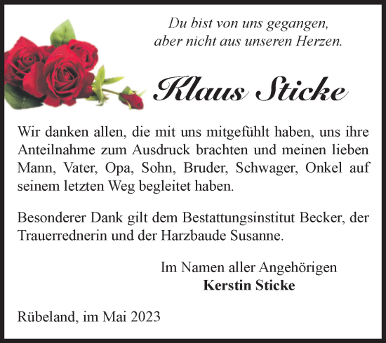 Traueranzeige von Klaus Sticke von Volksstimme Wernigerode