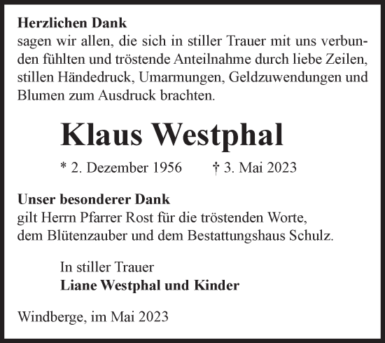 Traueranzeige von Klaus Westphal von Volksstimme Altmark Ost