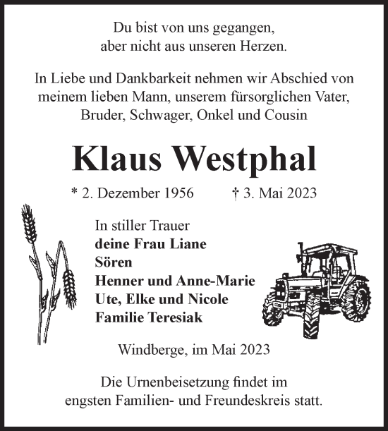 Traueranzeige von Klaus Westphal von Volksstimme Altmark Ost
