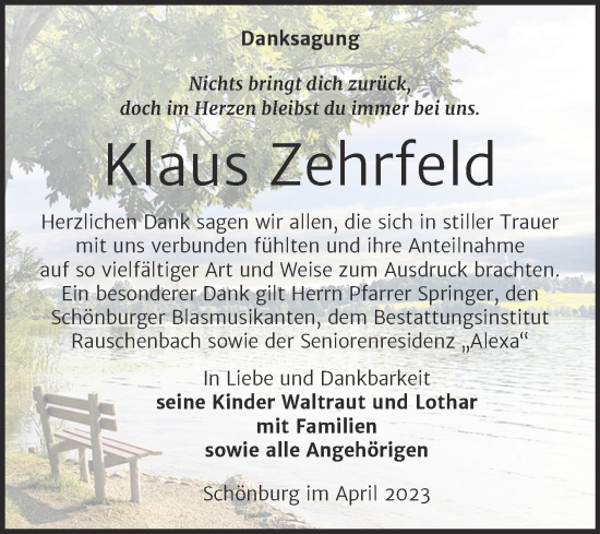 Traueranzeige von Klaus Zehrfeld von Wochenspiegel Naumburg/Nebra