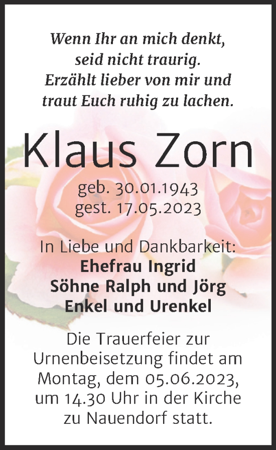 Traueranzeige von Klaus Zorn von Mitteldeutsche Zeitung Halle/Saalkreis