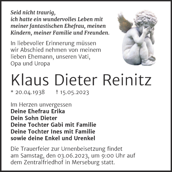 Traueranzeige von Klaus Dieter Reinitz von Trauerkombi Merseburg