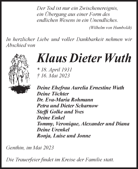 Traueranzeige von Klaus Dieter Wuth von Volksstimme Burg/Genthin