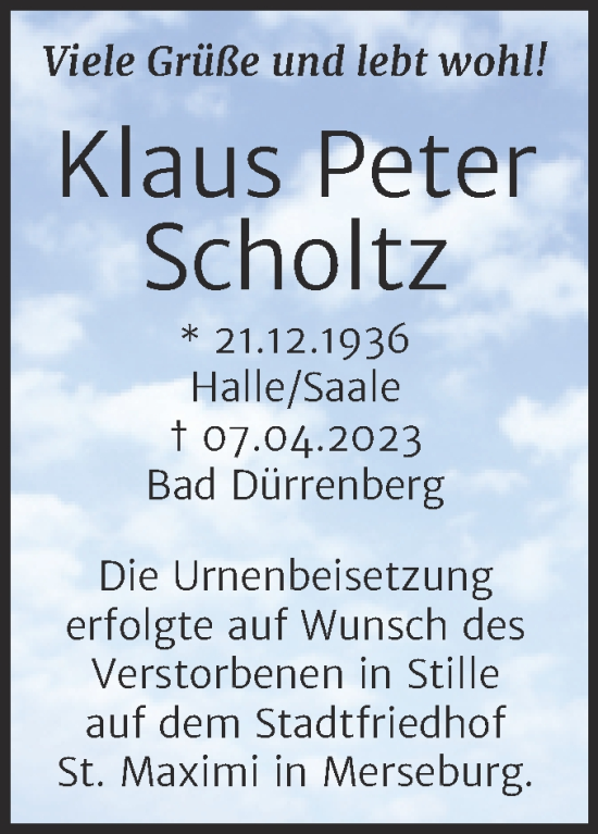 Traueranzeige von Klaus Peter Scholtz von Trauerkombi Merseburg