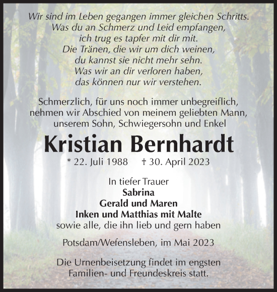 Traueranzeige von Kristian Bernhardt von Volksstimme Oschersleben/Wanzleben