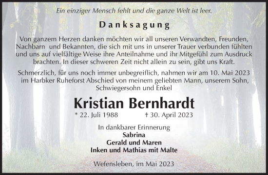 Traueranzeige von Kristian Bernhardt von Volksstimme Oschersleben/Wanzleben