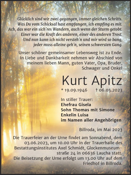Traueranzeige von Kurt Apitz von Naumburger Tageblatt