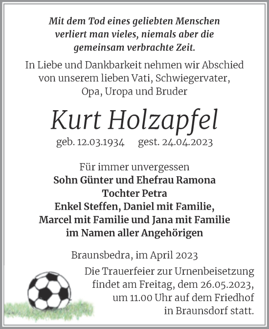 Traueranzeige von Kurt Holzapfel von Trauerkombi Merseburg