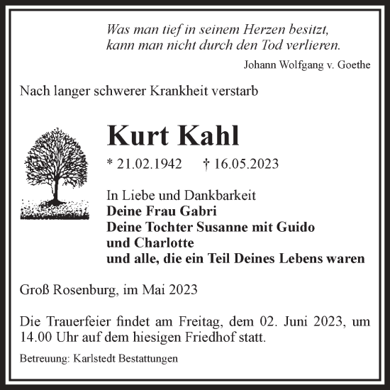 Traueranzeige von Kurt Kahl von Volksstimme Schönebeck