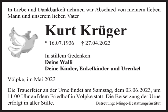 Traueranzeige von Kurt Krüger von Volksstimme Oschersleben/Wanzleben