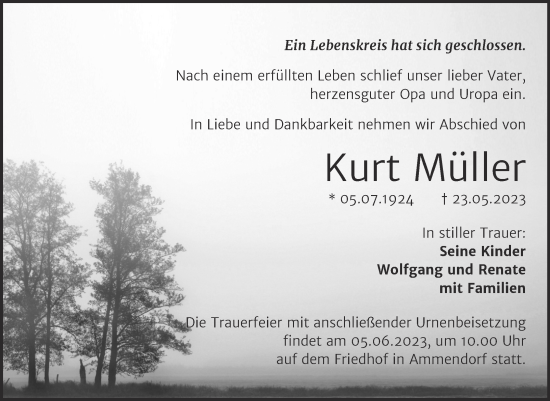 Traueranzeige von Kurt Müller von Mitteldeutsche Zeitung Halle/Saalkreis