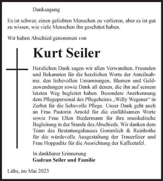 Traueranzeige von Kurt Seiler von Volksstimme Burg/Genthin