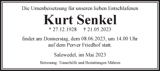 Traueranzeige von Kurt Senkel von Volksstimme Altmark West