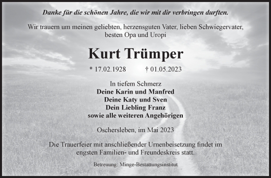 Traueranzeige von Kurt Trümper von Volksstimme Oschersleben/Wanzleben