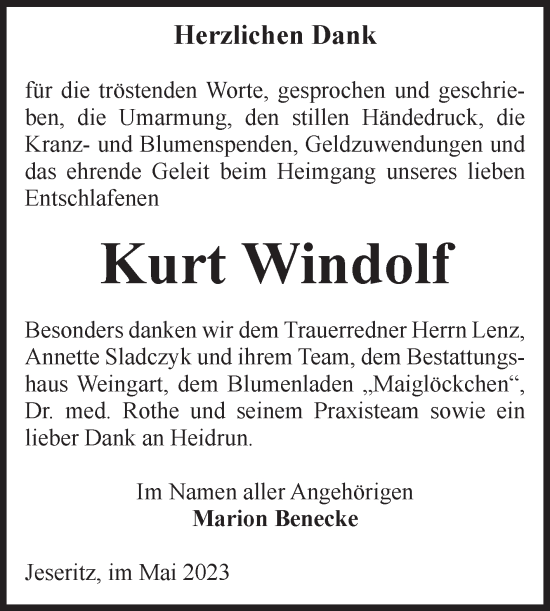 Traueranzeige von Kurt Windolf von Volksstimme Altmark West