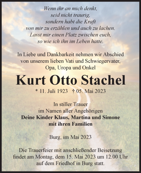 Traueranzeige von Kurt Otto Stachel von Volksstimme Burg/Genthin