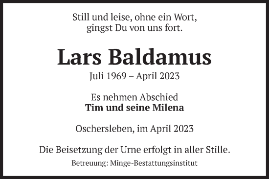 Traueranzeige von Lars Baldamus von Volksstimme Oschersleben/Wanzleben