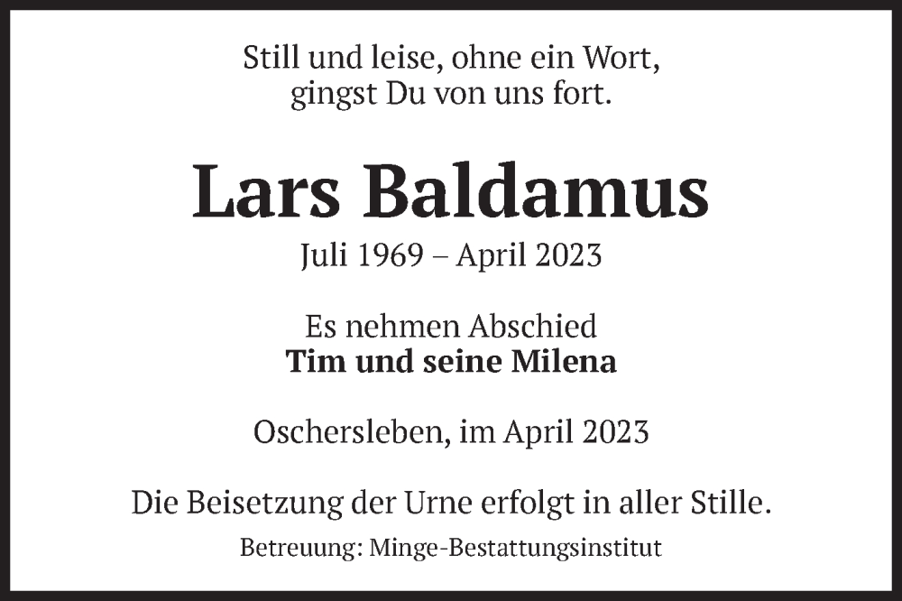  Traueranzeige für Lars Baldamus vom 06.05.2023 aus Volksstimme Oschersleben/Wanzleben