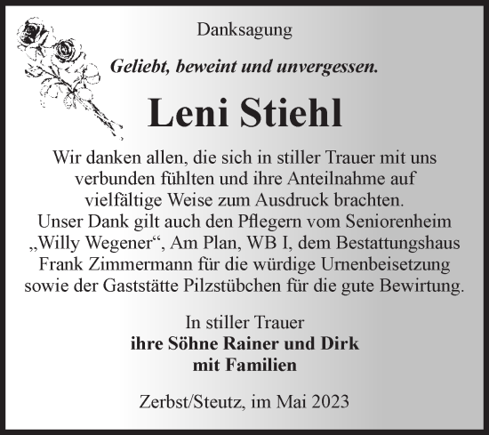 Traueranzeige von Leni Stiehl von Volksstimme Zerbst